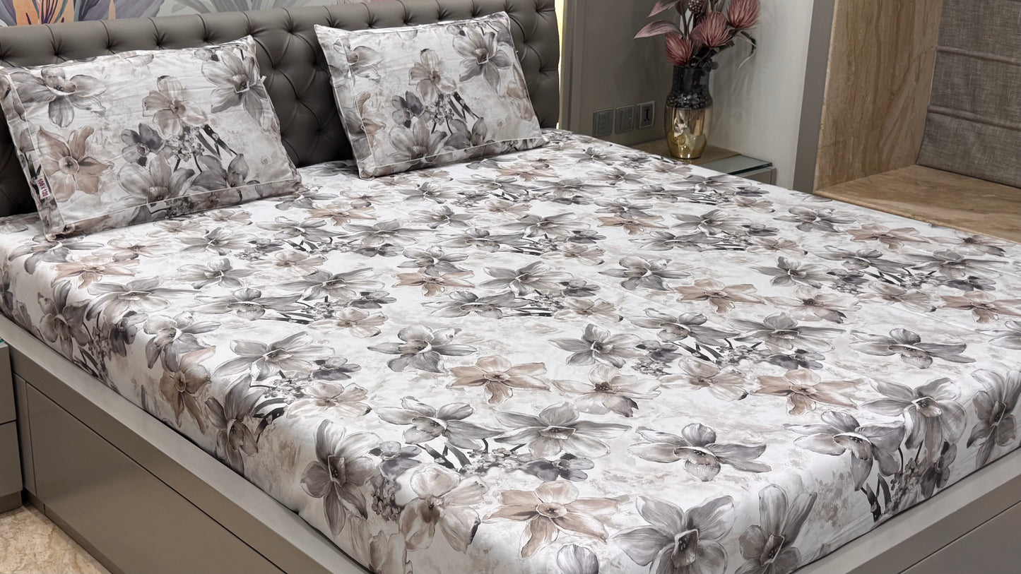 Imported Pure Cotton Satin Floral Grey Printed Bedsheet