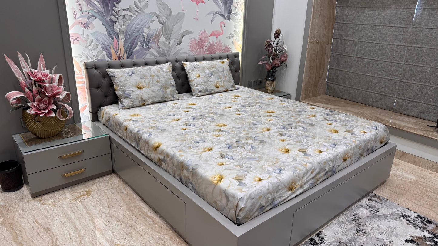 Exclusive Imported Pure Cotton Satin Floral Light Grey Colour Printed Bedsheet