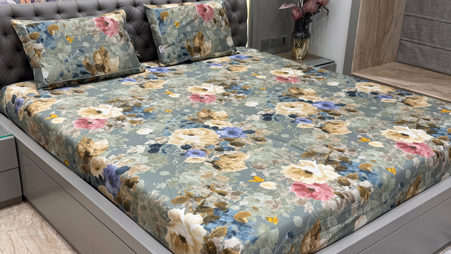 Imported Pure Cotton Satin Bright Floral Green Printed Bedsheet
