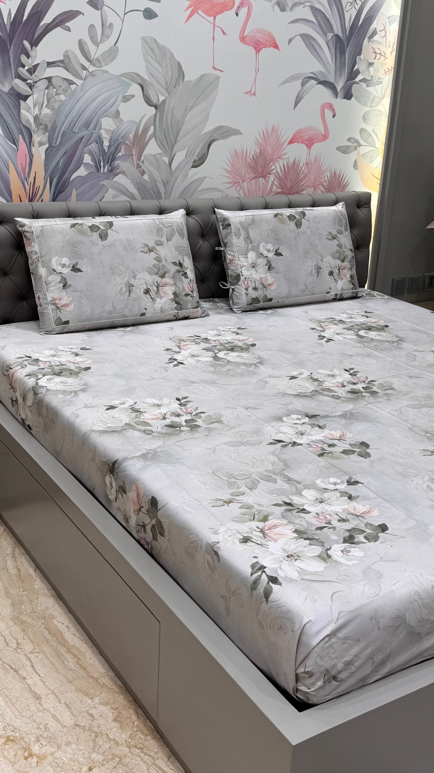 Imported Pure Cotton Satin Floral Grey Printed Bedsheet