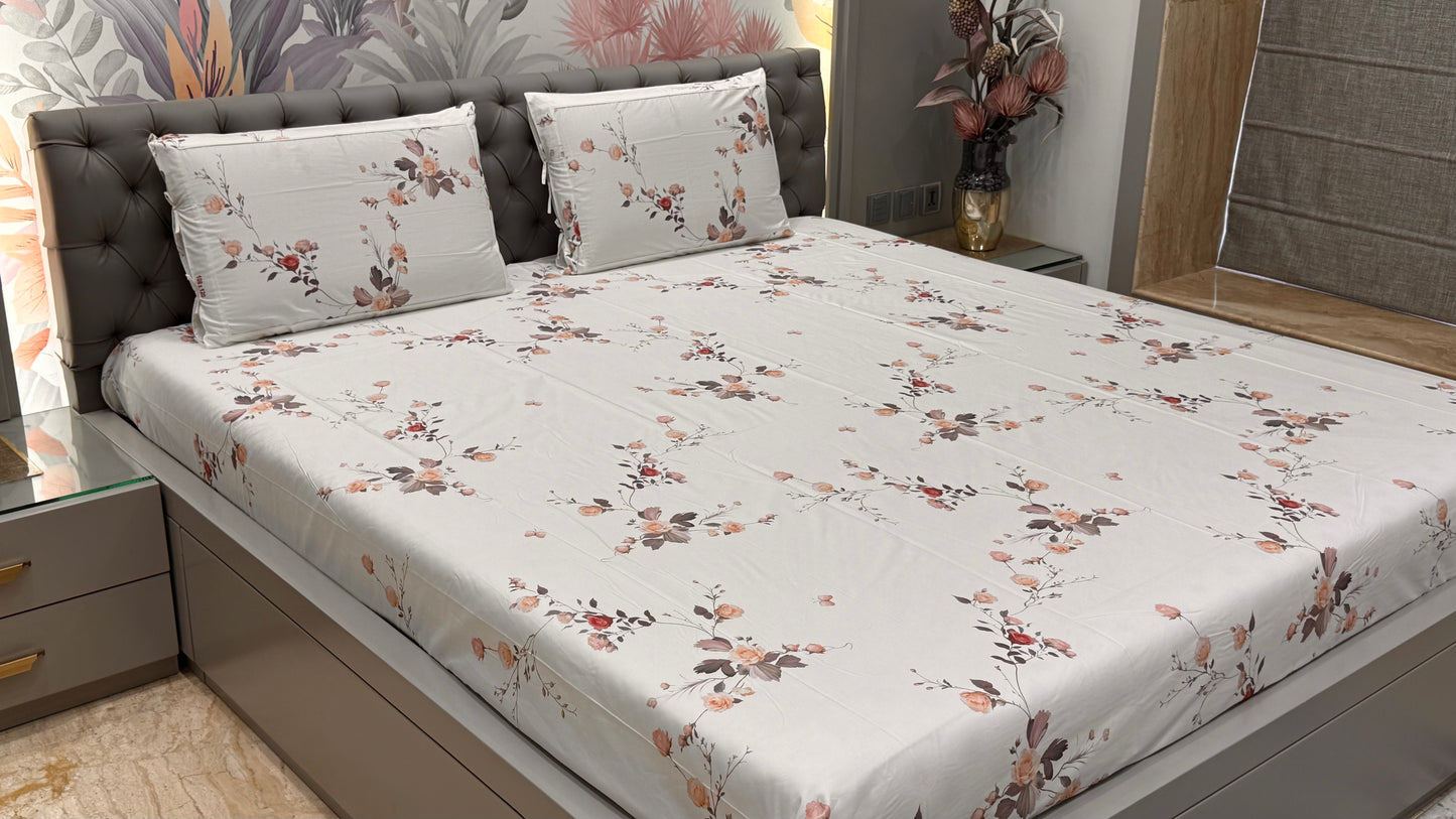 Imported Pure Cotton Satin Floral White Printed Bedsheet