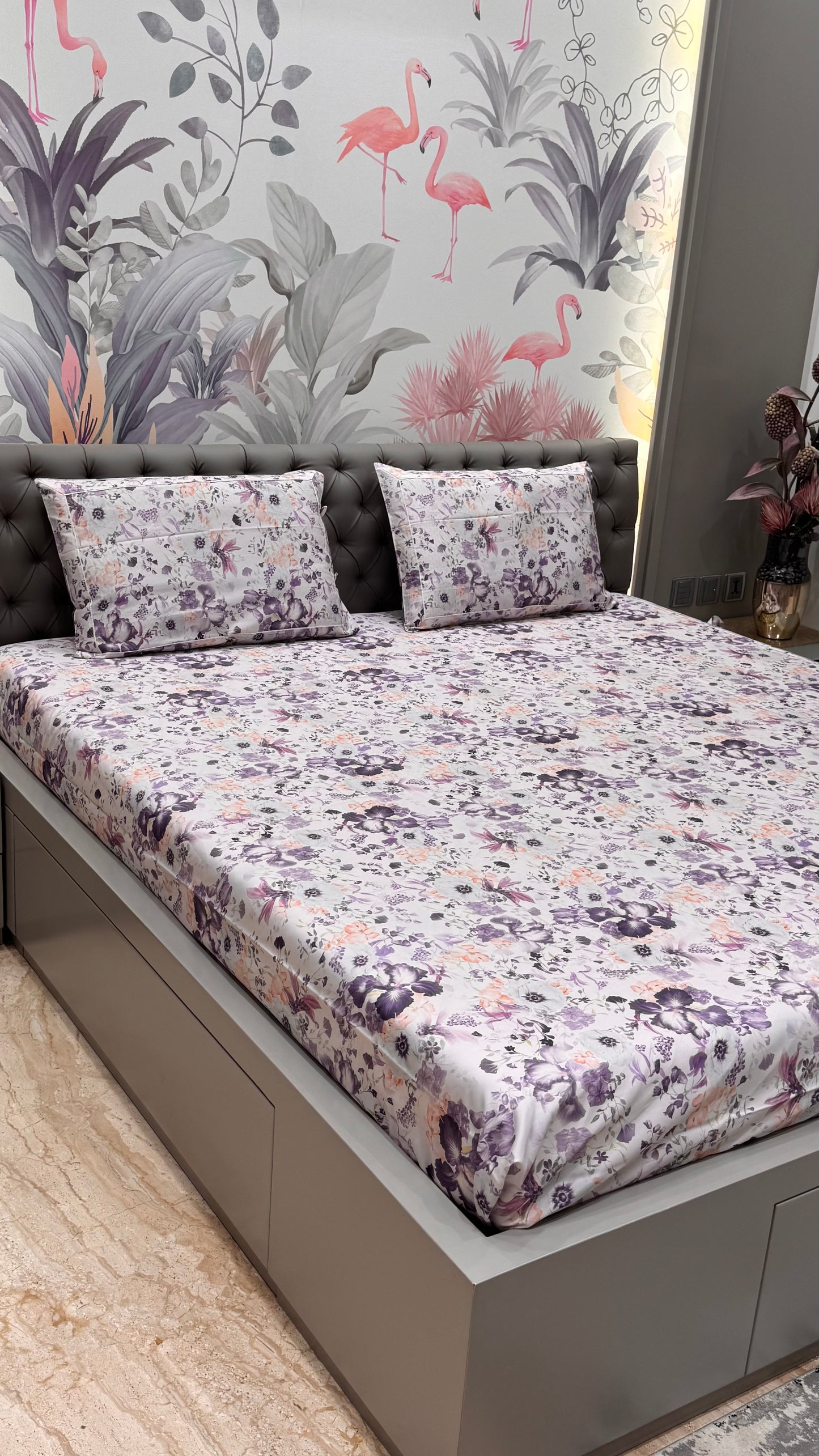 Imported Pure Cotton Satin Floral Purple Print Bedsheet
