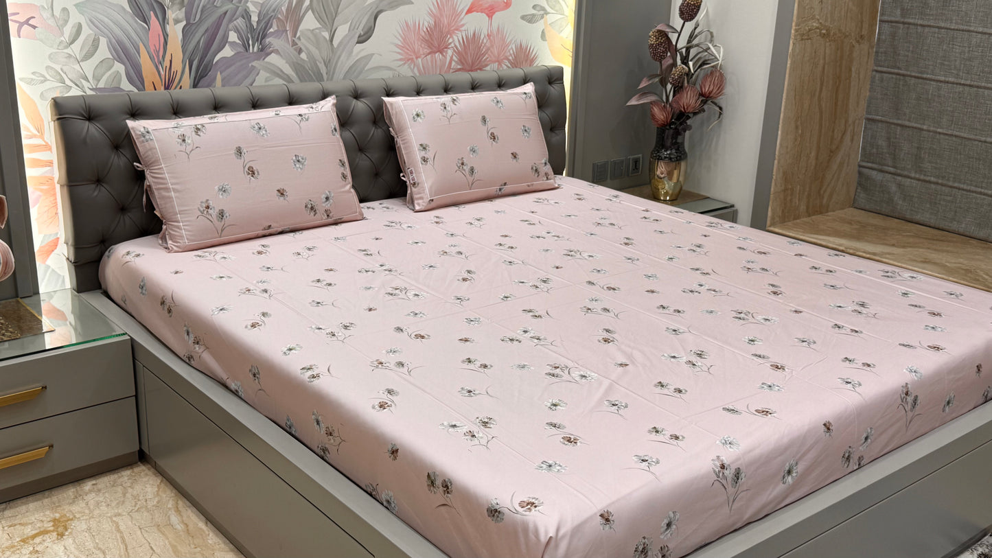 Imported Pure Cotton Satin Pink Colour Floral Print Bedsheet