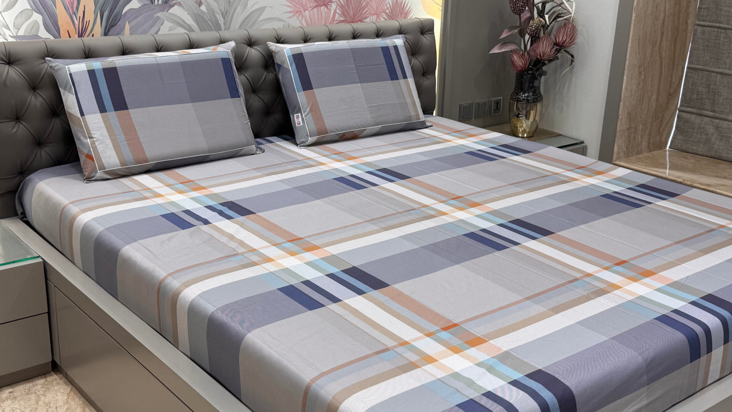Imported Pure Cotton Check Bedsheet- Blue Colour