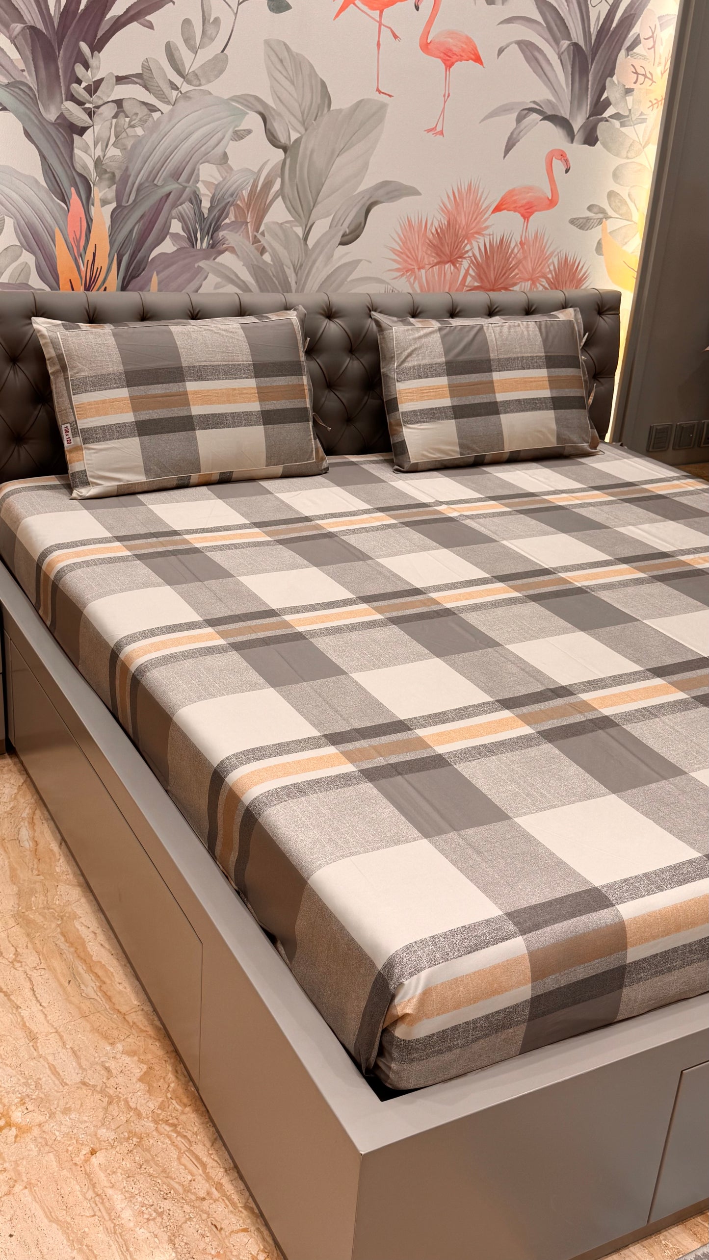 Imported Pure Cotton Satin Checks Bedsheet King Size Brown Colour