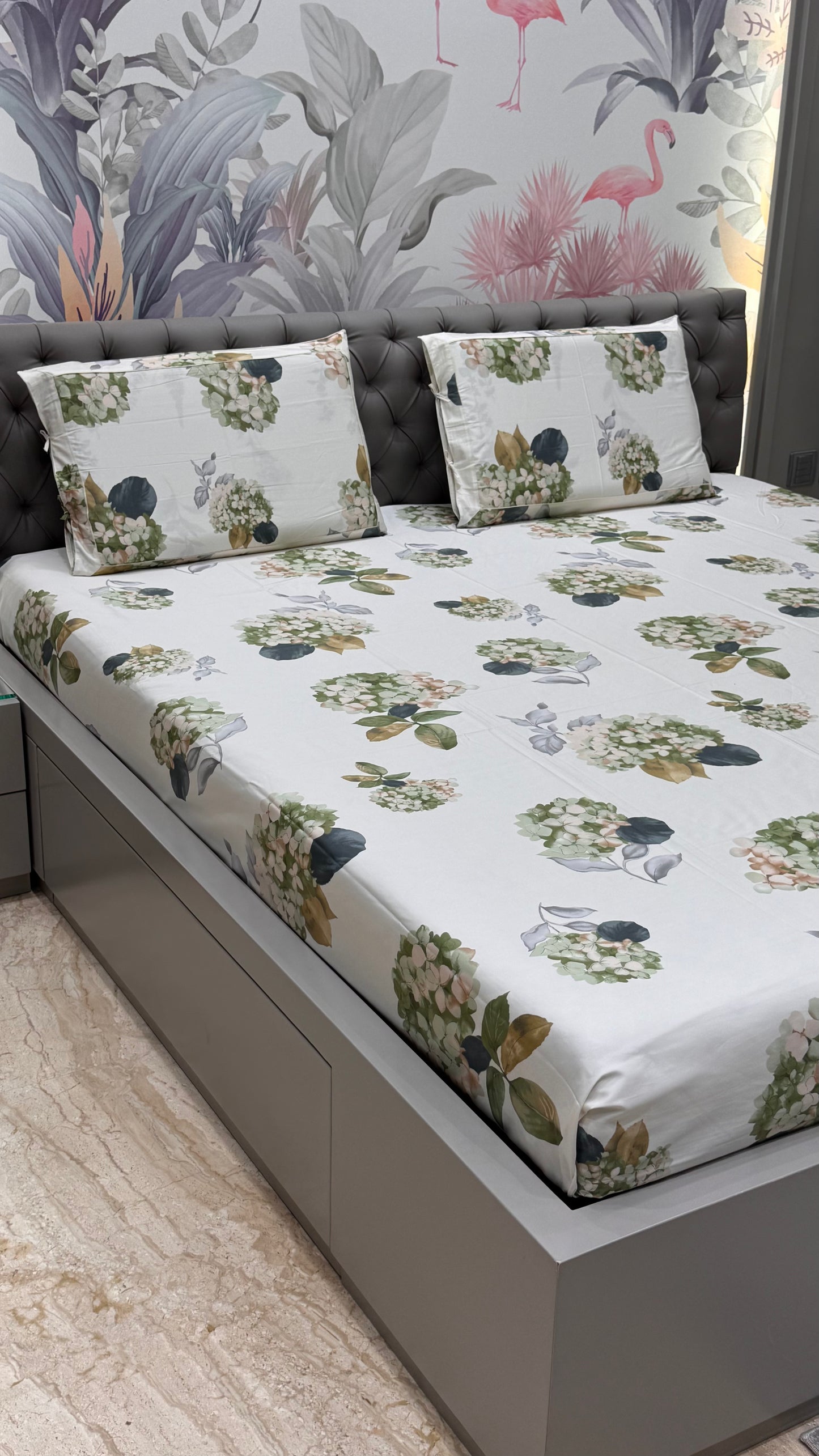 Imported Pure Cotton Satin Floral White Colour Printed Bedsheet