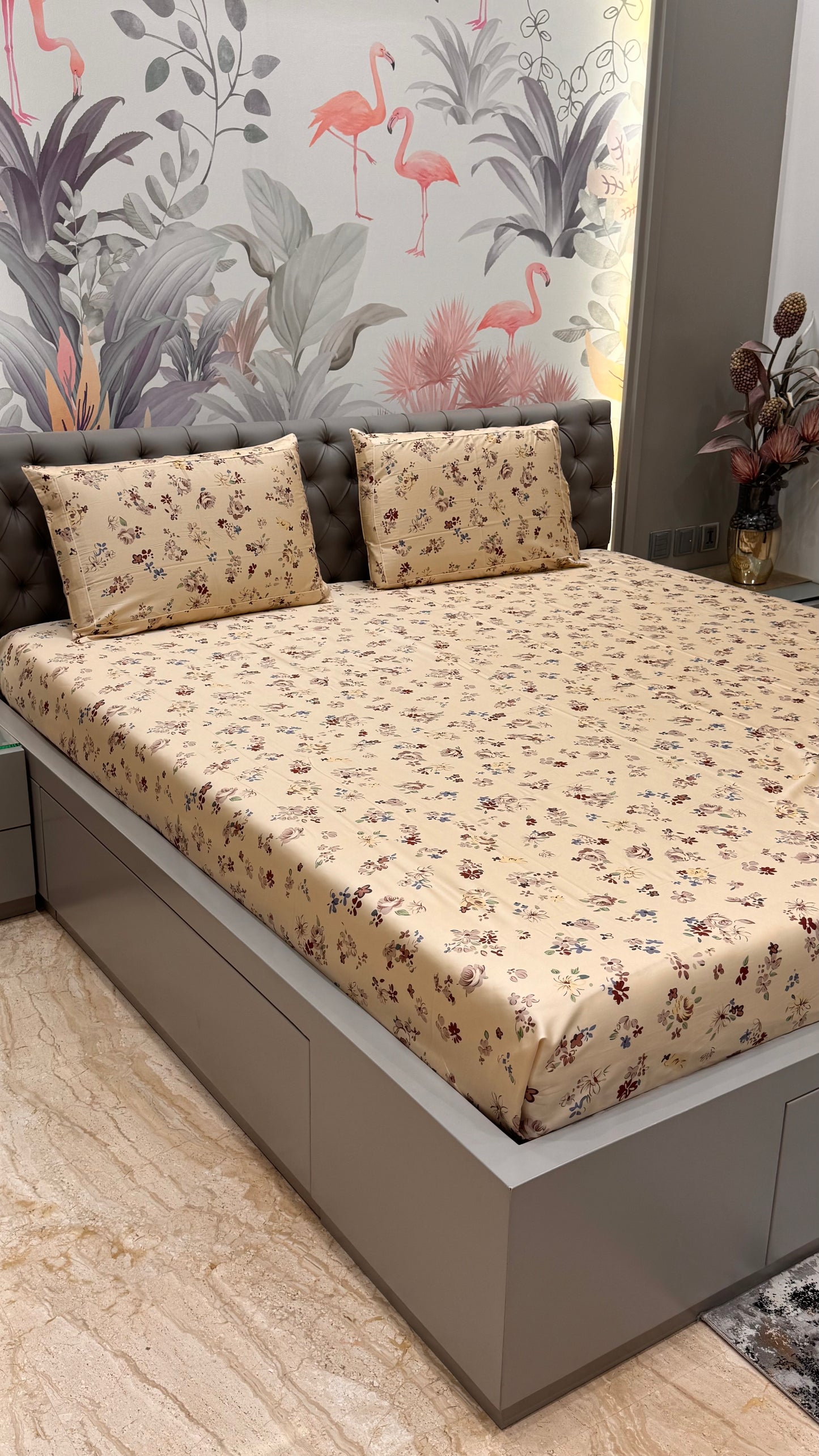 Imported Pure Cotton Satin Comfortable Floral Light Yellow Colour Printed Bedsheet