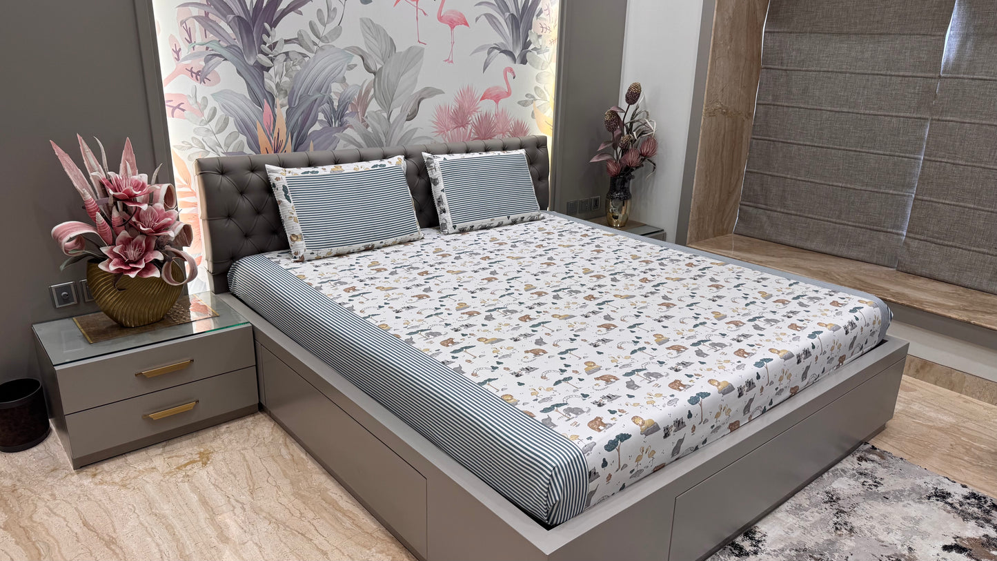 Imported Pure Cotton Widlife Theme Bedsheet- Blue Colour