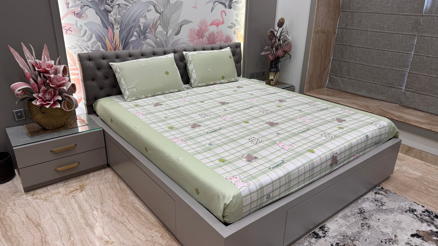 Imported Pure Cotton Mix&Match Teddy Bear Print Bedsheet- Green Colour