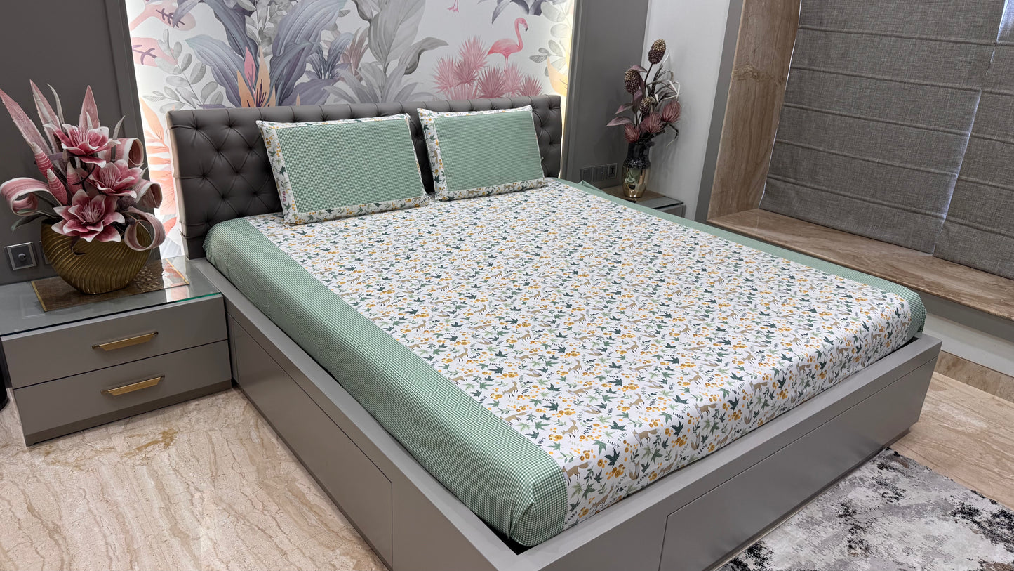 Imported Animal Print Pure Cotton Bedsheet- Green Colour