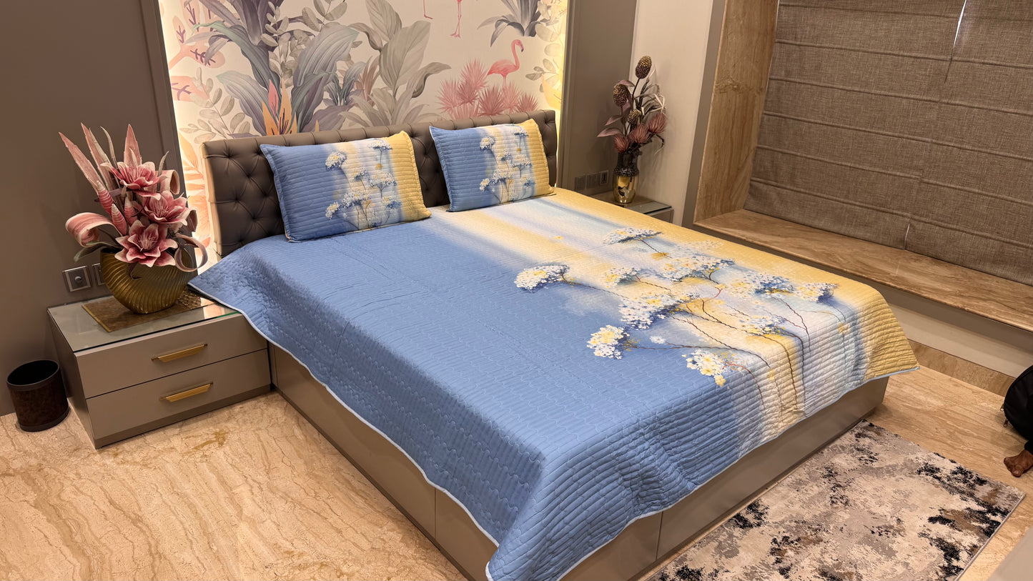 Shaded Blue Yellow Floral Digital Bedcover
