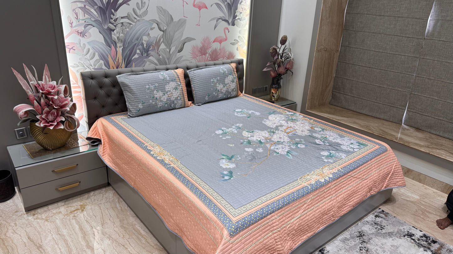 Beautiful Grey & Orange Floral Digital Bedcover