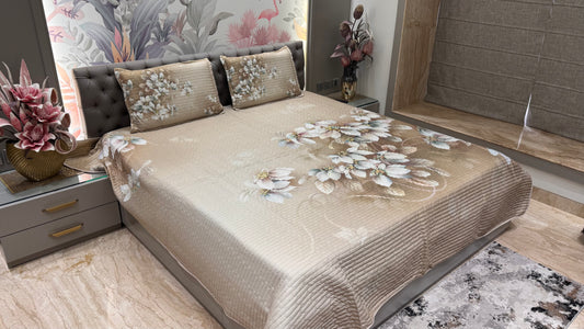 Elegant Beige Floral Digital Bedcover