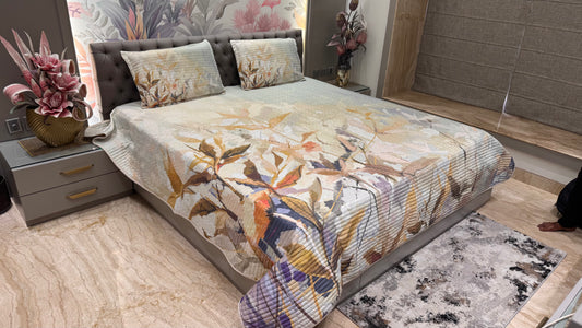 Leafy Design Beige Colour Floral Bedcover
