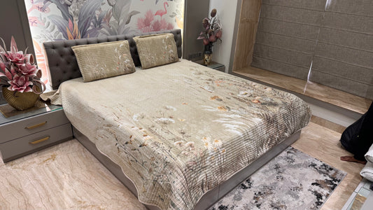 Elegant Beige Floral Digital Bedcover