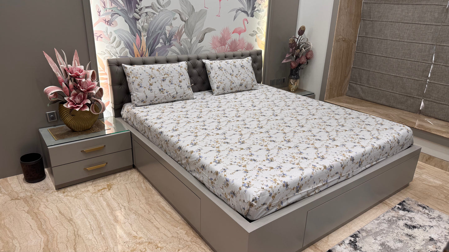 Pure Cotton Floral Printed Bedsheet-Grey Colour