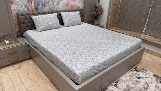 Small Floral Print Cotton Satin Bedsheet-Multicolour