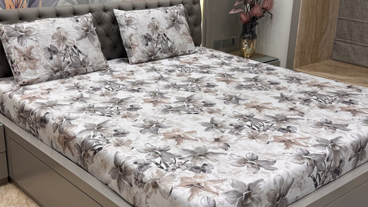 Imported Pure Cotton Satin Floral Grey Printed Bedsheet
