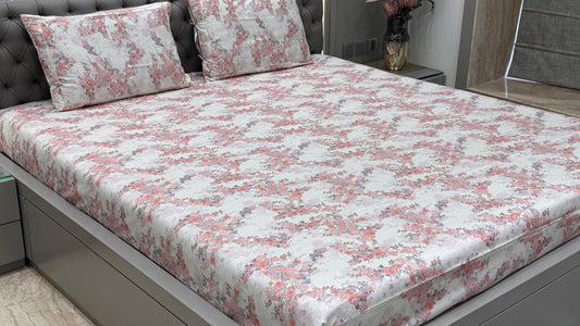 Imported Pure Cotton Satin Floral Pink Printed Bedsheet