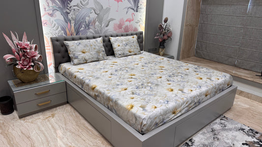 Exclusive Imported Pure Cotton Satin Floral Light Grey Colour Printed Bedsheet