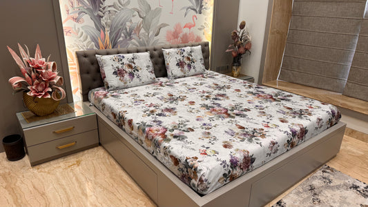 Imported Pure Cotton Satin Floral Multi Colour Printed Bedsheet