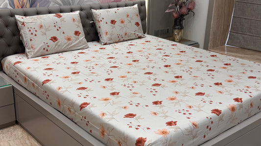 Imported Pure Cotton Satin Floral Light Beige Colour Printed Bedsheet