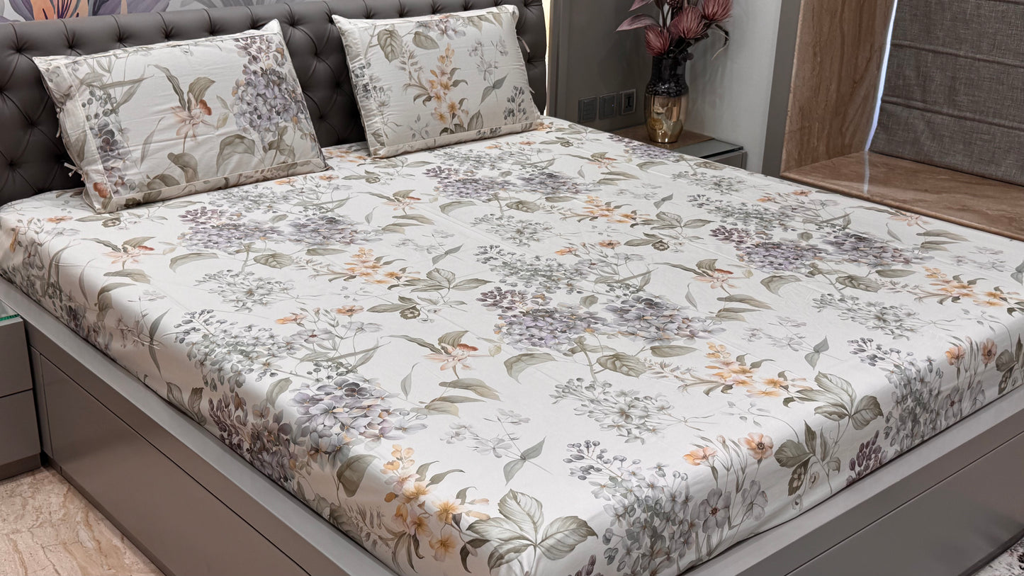 Imported Pure Cotton Satin Floral OffWhite Printed Bedsheet