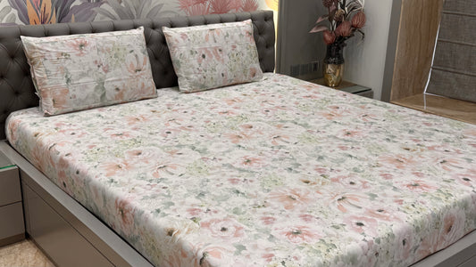 Imported Pure Cotton Floral Baby Pink & Green Bedsheet