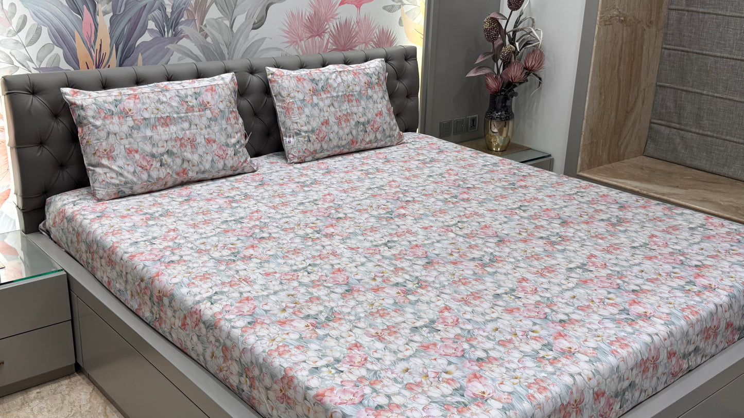 Imported Pure Cotton Satin Floral Baby Pink Bedsheet