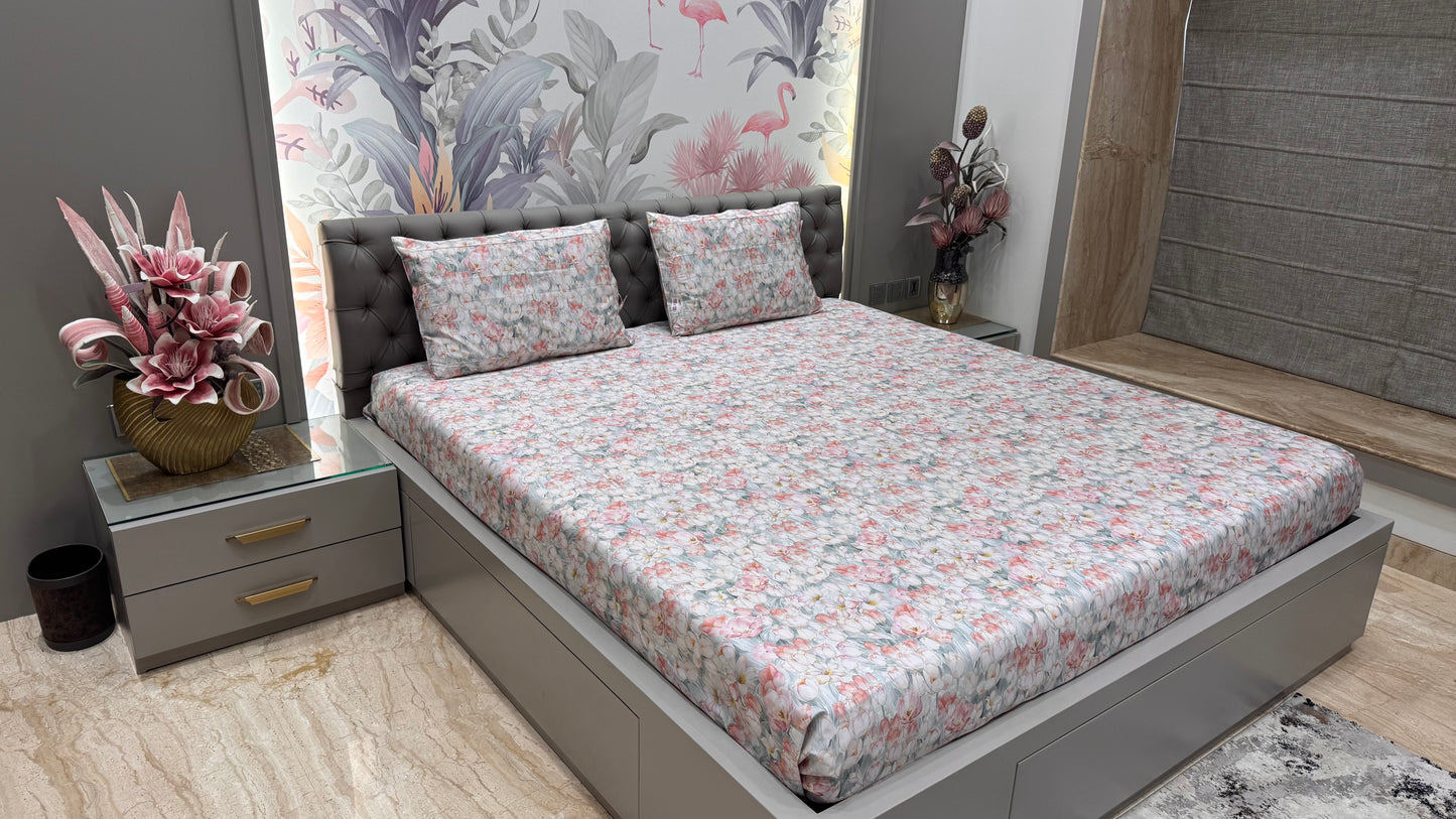 Imported Pure Cotton Satin Floral Baby Pink Bedsheet