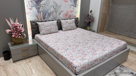 Imported Pure Cotton Satin Floral Baby Pink Bedsheet