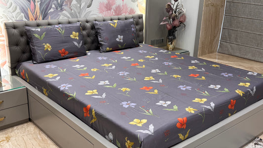 Exclusive Imported Pure Cotton Satin Floral Grey Printed Bedsheet