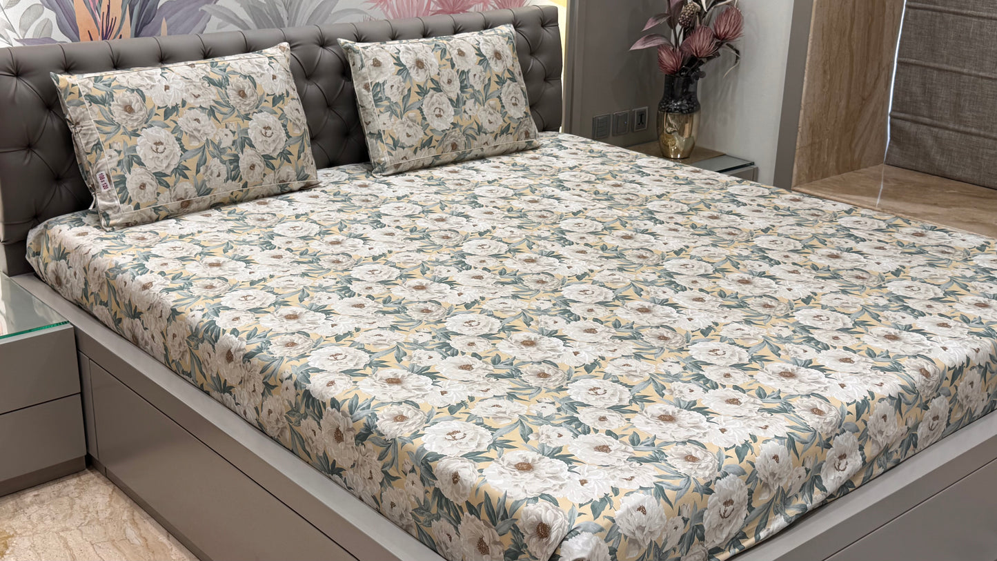 Imported Pure Cotton Satin Yellow Green Printed Bedsheet