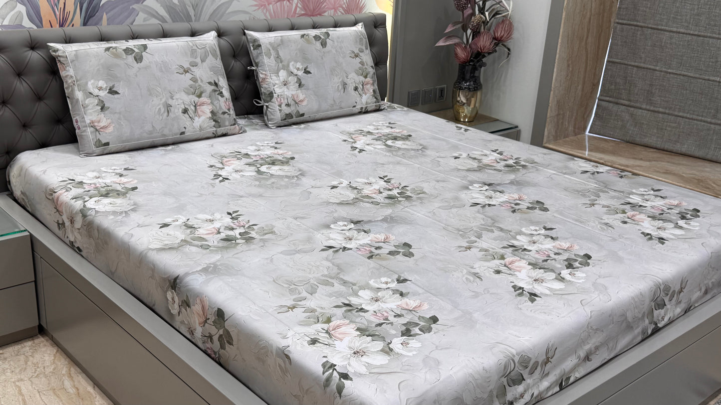 Imported Pure Cotton Satin Floral Grey Printed Bedsheet