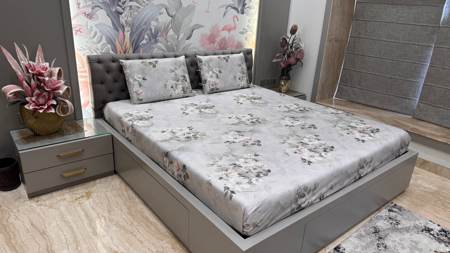 Imported Pure Cotton Satin Floral Grey Printed Bedsheet