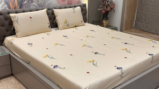 Imported Pure Cotton Satin Floral Yellow Printed Bedsheet