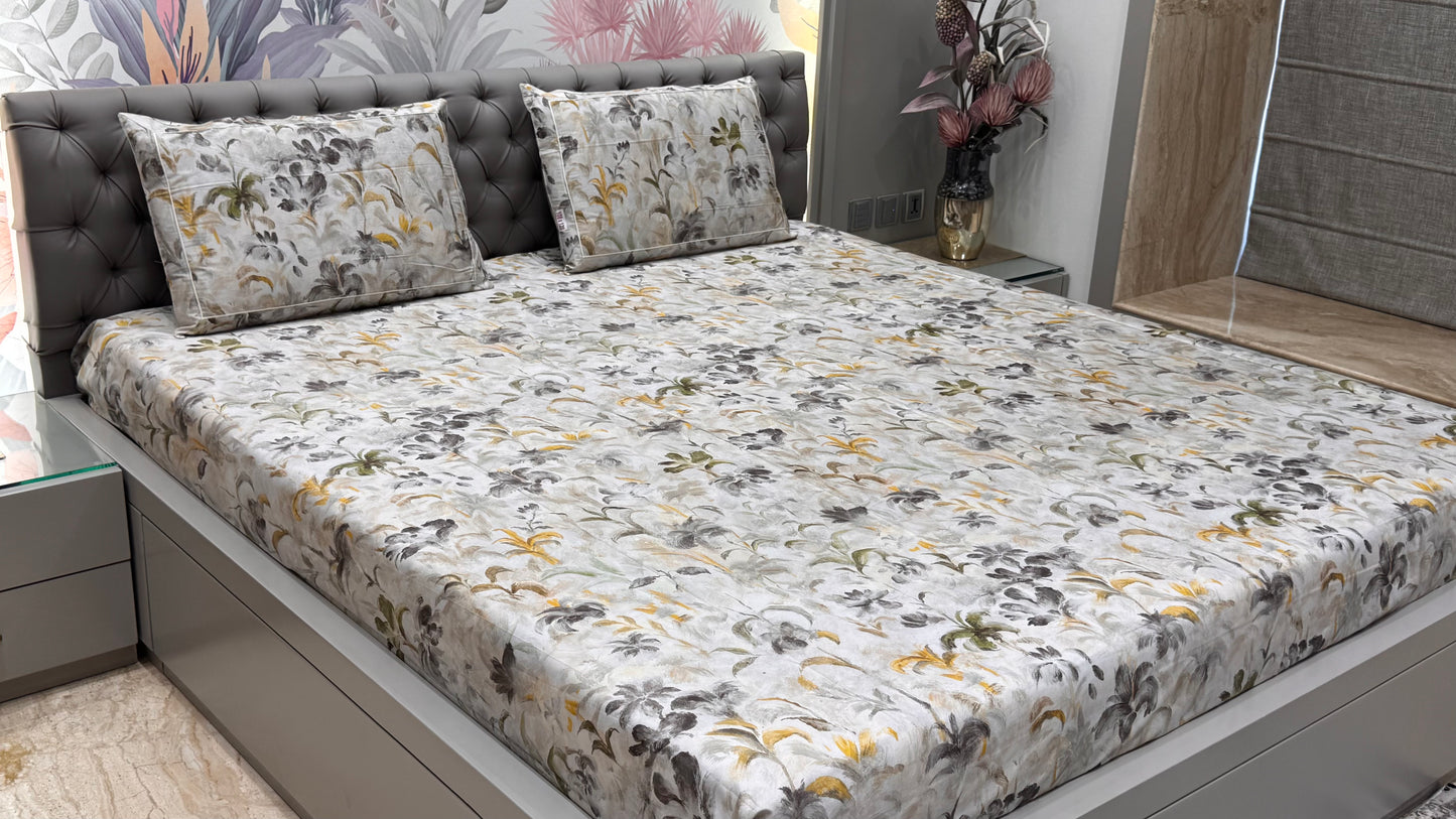Imported Pure Cotton Satin Floral Grey Printed Bedsheet