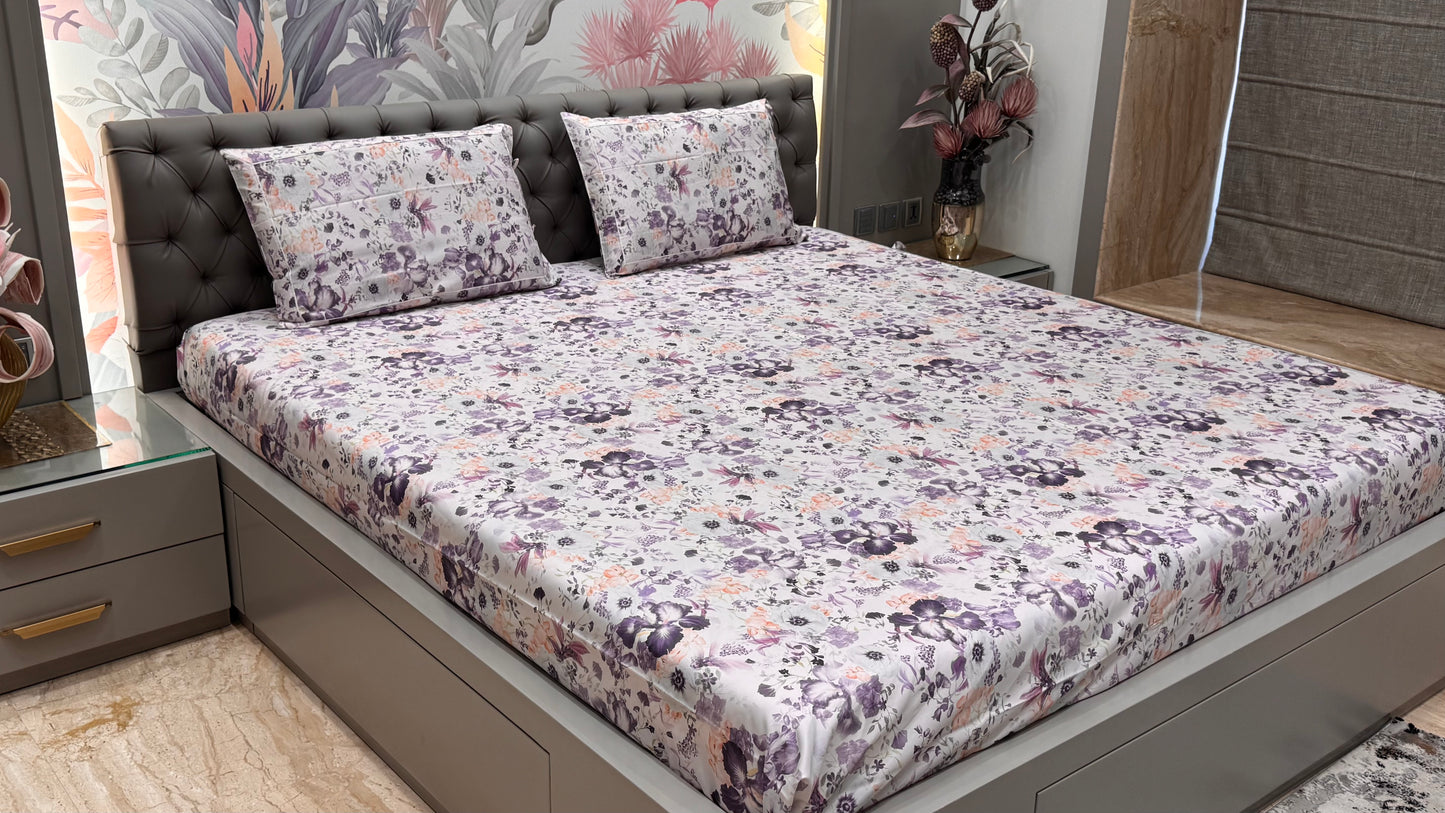 Imported Pure Cotton Satin Floral Purple Print Bedsheet