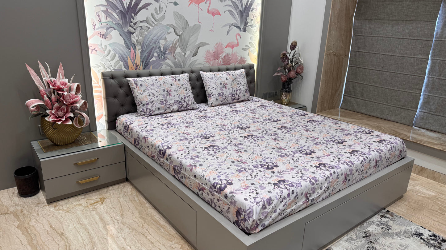 Imported Pure Cotton Satin Floral Purple Print Bedsheet