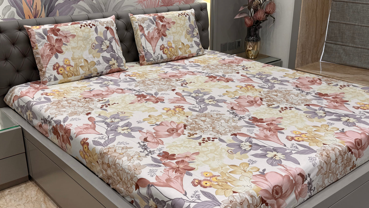 Imported Pure Cotton Satin Floral Print Multi Colour Bedsheet