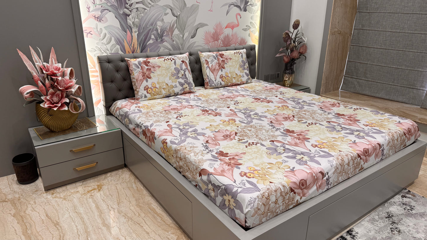 Imported Pure Cotton Satin Floral Print Multi Colour Bedsheet