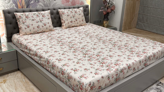 Breathable Imported Pure Cotton Floral Cream Bedsheet