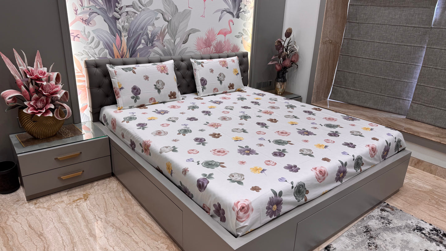 Imported Pure Cotton Satin Floral White Bedsheet