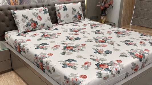 Imported Pure Cotton Satin White Rose Print Bedsheet