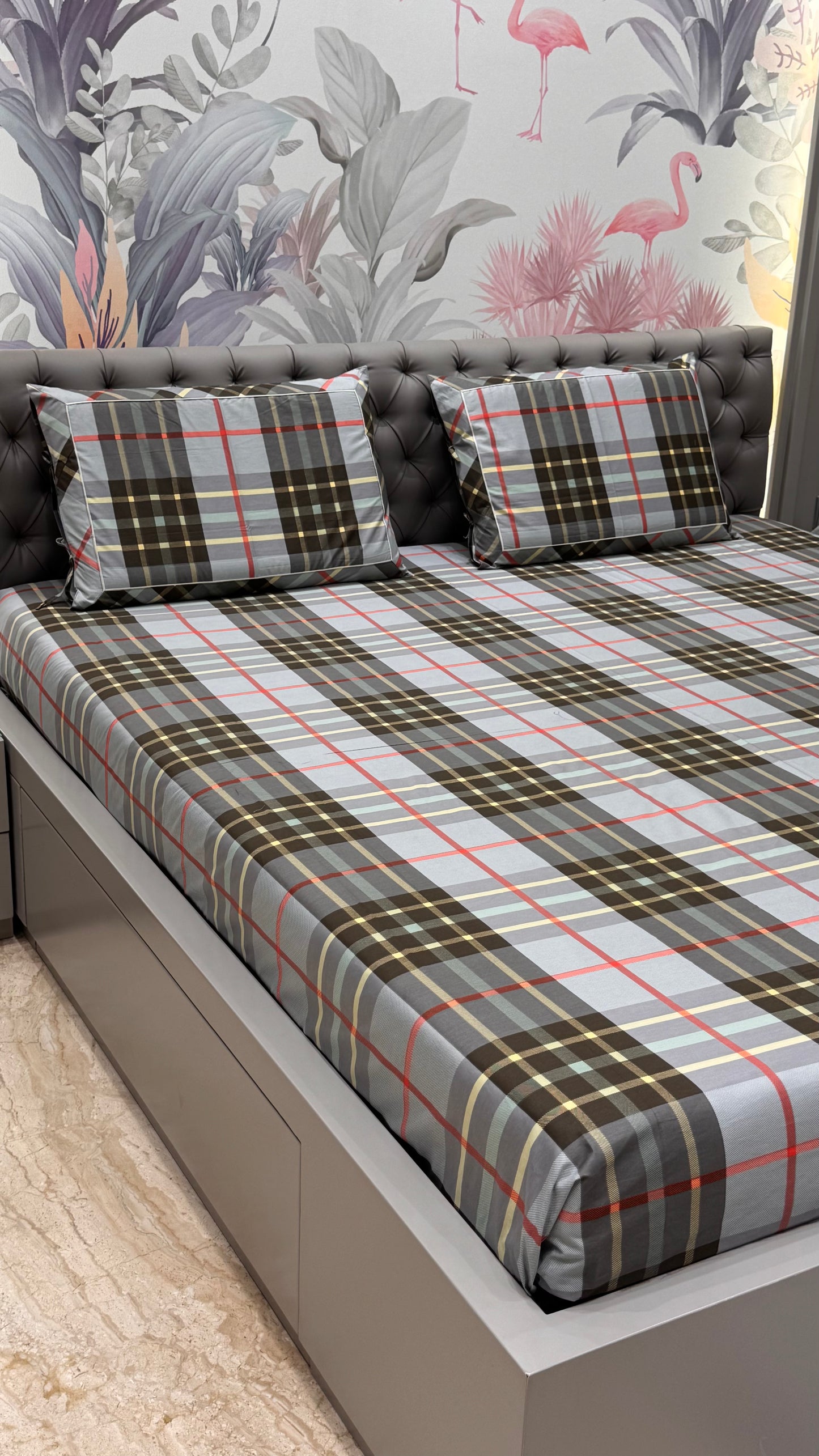 Imported Pure Cotton Burberry Checks Printed Bedsheet- Grey Colour
