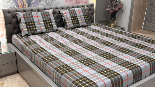 Imported Pure Cotton Burberry Checks Printed Bedsheet- Grey Colour