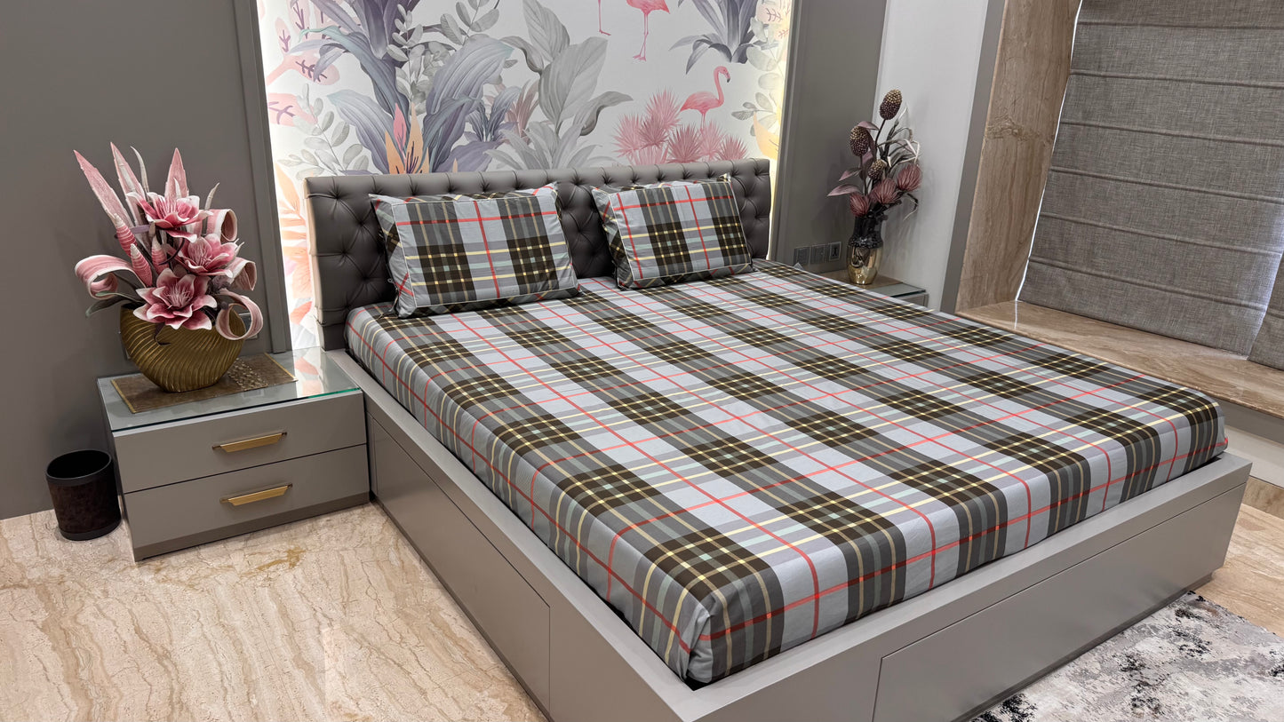Imported Pure Cotton Burberry Checks Printed Bedsheet- Grey Colour