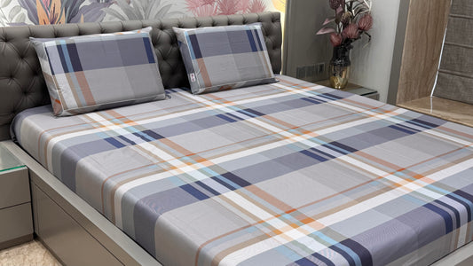 Imported Pure Cotton Check Bedsheet- Blue Colour