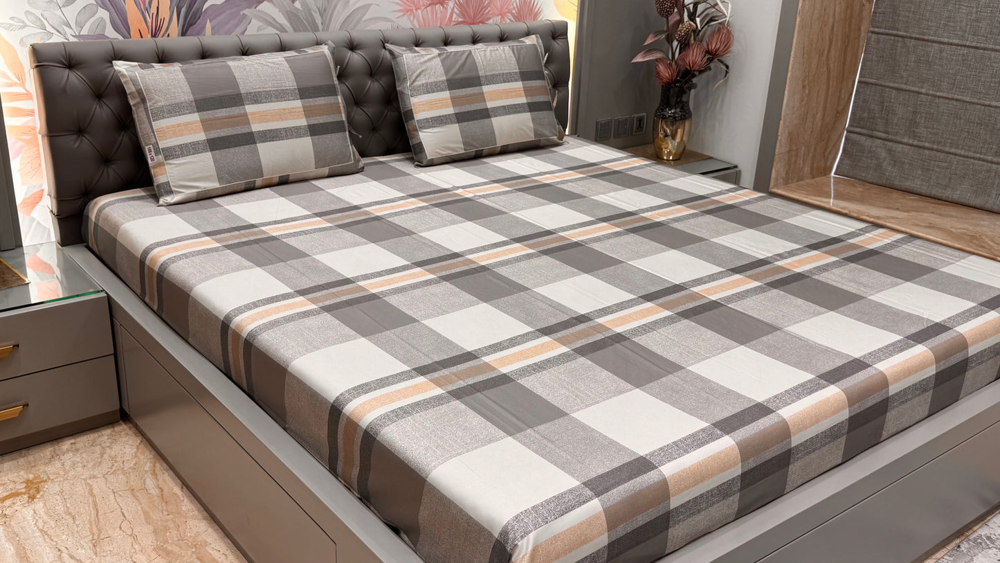 Imported Pure Cotton Satin Checks Bedsheet King Size Brown Colour