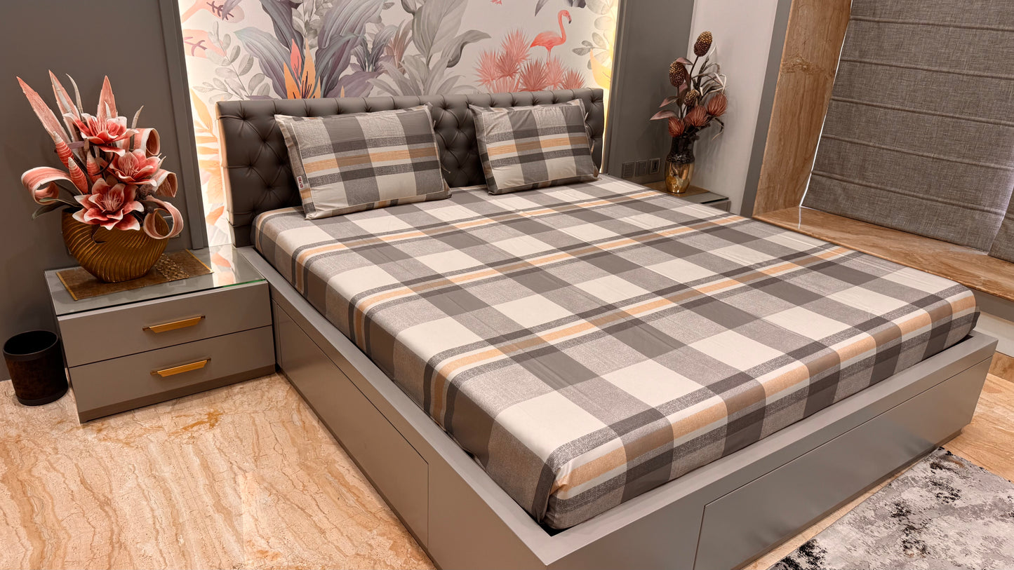 Imported Pure Cotton Satin Checks Bedsheet King Size Brown Colour